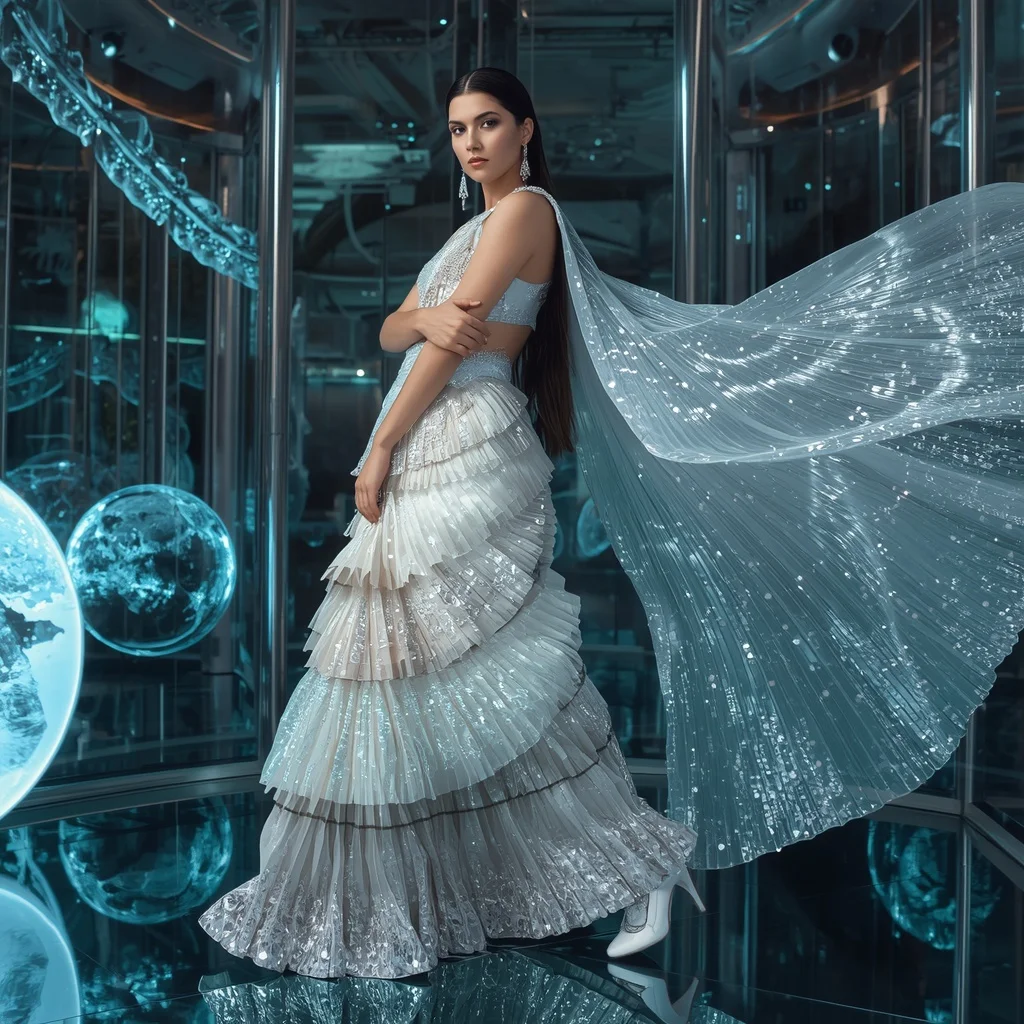 Moonlight Crystal Infinity Saree with Floating Neon Liquid Universes | Gym Influencer Ai Prompt