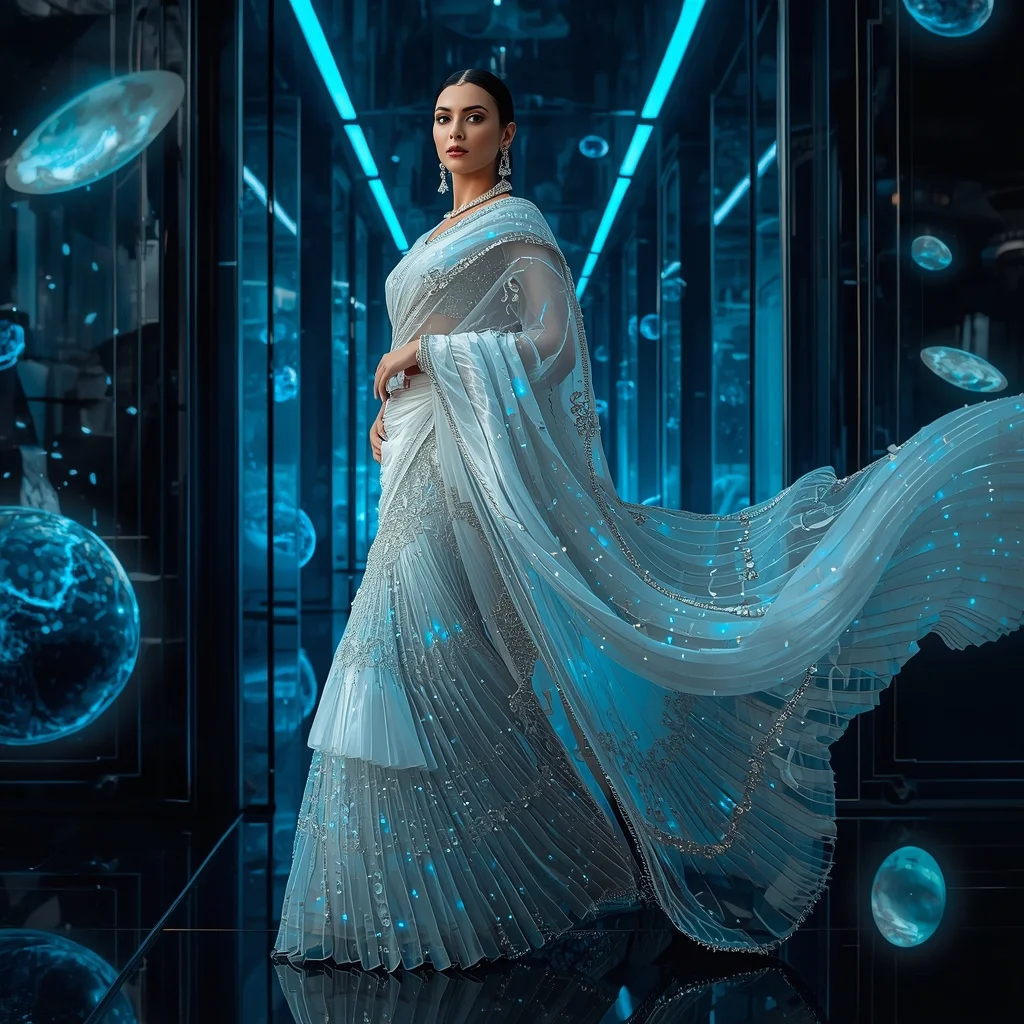 Moonlight Crystal Mirage Saree with Floating Neon Liquid Universes | Desi Girl Ai Prompt