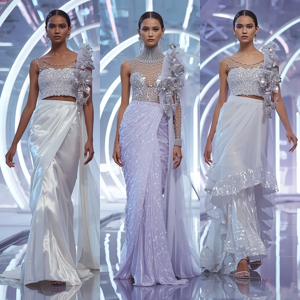 Moonlight Crystal Mirage Saree with Triple Runway Poses and Prism Glow Hall | Travel Ai Prompt