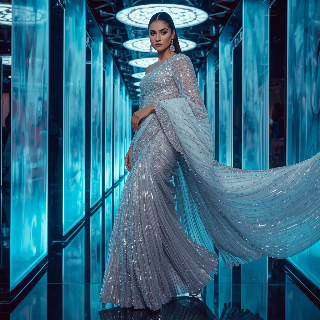 Moonlight Crystal Quantum Saree with Floating Neon Liquid Hallways | Female Model Ai Prompt