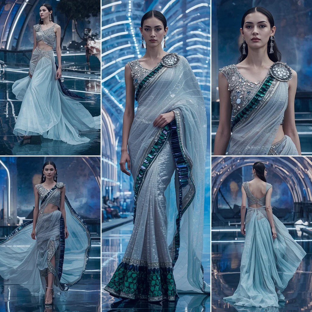 Moonstone Cobra Empress Saree with Floating Infinity Neon Palace | Banana Prompts Girls