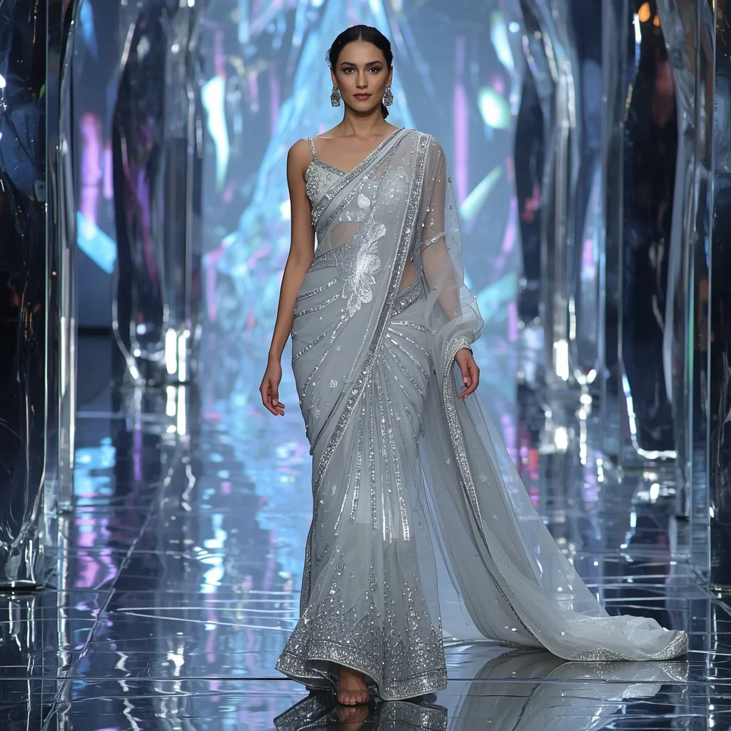 Moonstone Crystal Inferno Saree with Floating Neon Reflection Nexus | Instagram Viral Photo Ai Prompt