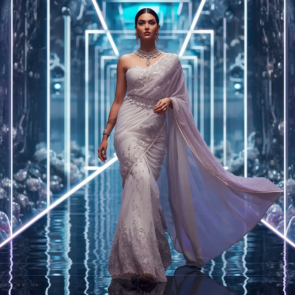 Moonstone Crystal Royale Saree with Floating Neon Corridor | Photo Prompt