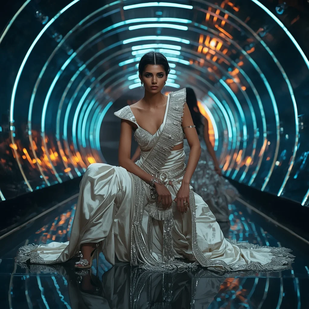Moonstone Inferno Mirage Saree with Floating Laser Reflection Tunnel | Girls Trending Prompt Gemini Instagram