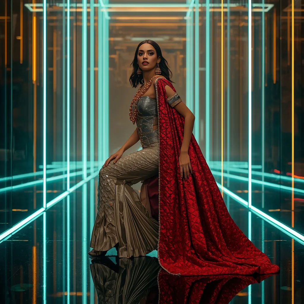 Moonstone Inferno Queen Saree with Floating Laser Atrium | Gemini Ai Prompt