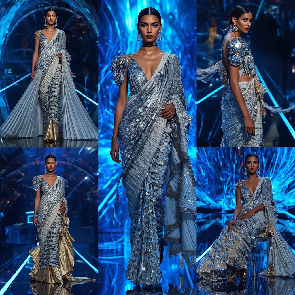 Moonstone Tiger Royale Saree with Floating Infinity Neon Crystal Arena | Prompt Seen Horror Girl