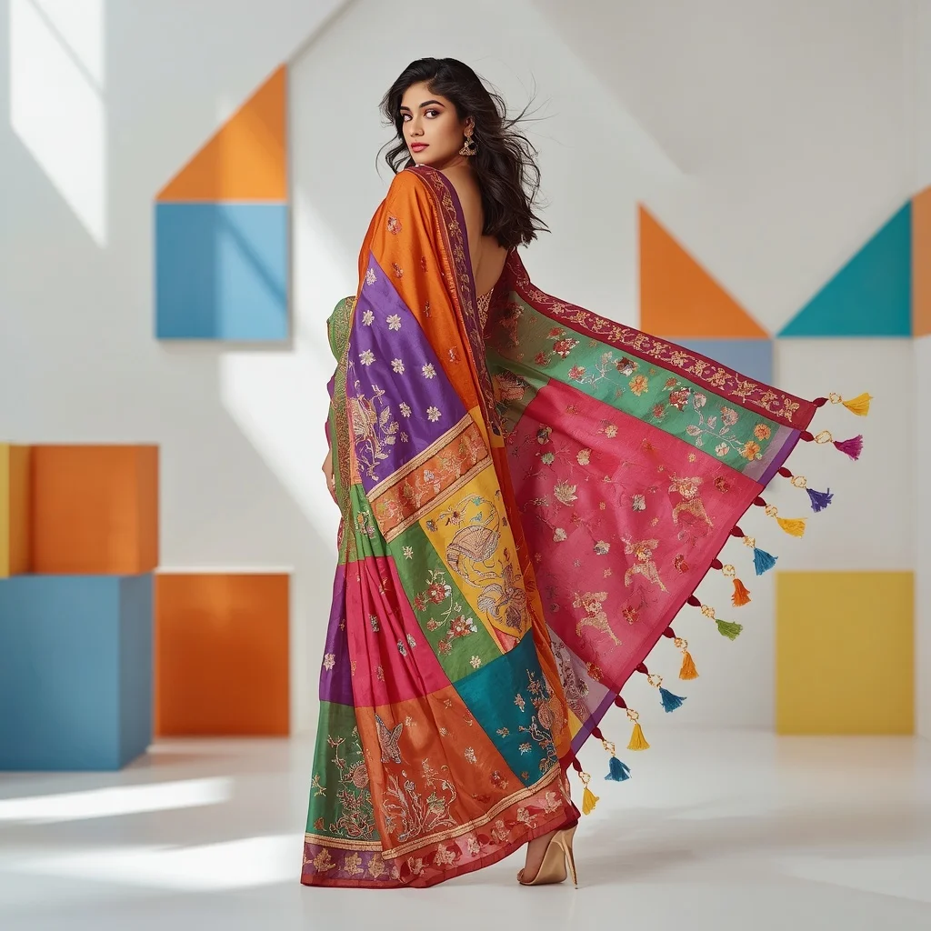 Multi-colored advance premium Patchwork Saree with intricate Resham Work | Secret Ai Prompt