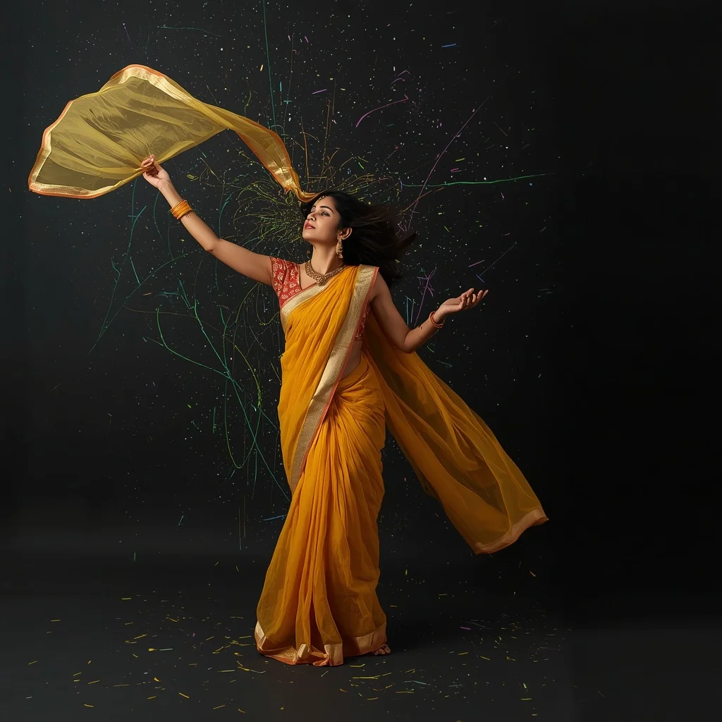Mustard Tissue Silk Saree – Playful Fabric Catch with Abstract Neon Splatter | Prompt Seen Girl Photo Editing