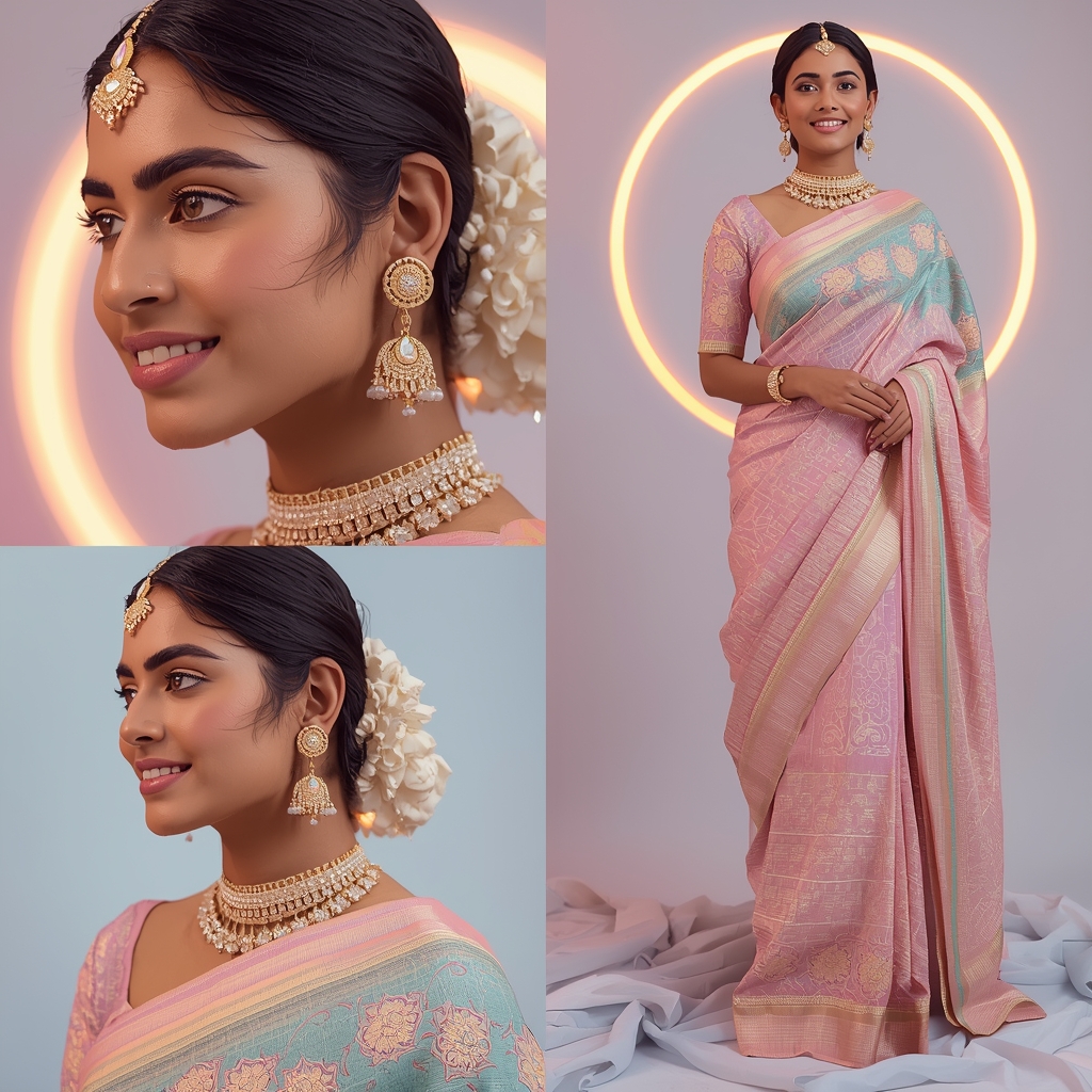 Mystic Pulse Halo Orbit Pastel Saree Indian Woman Premium Composition | Saree Pose Ai Prompt For Image Generation