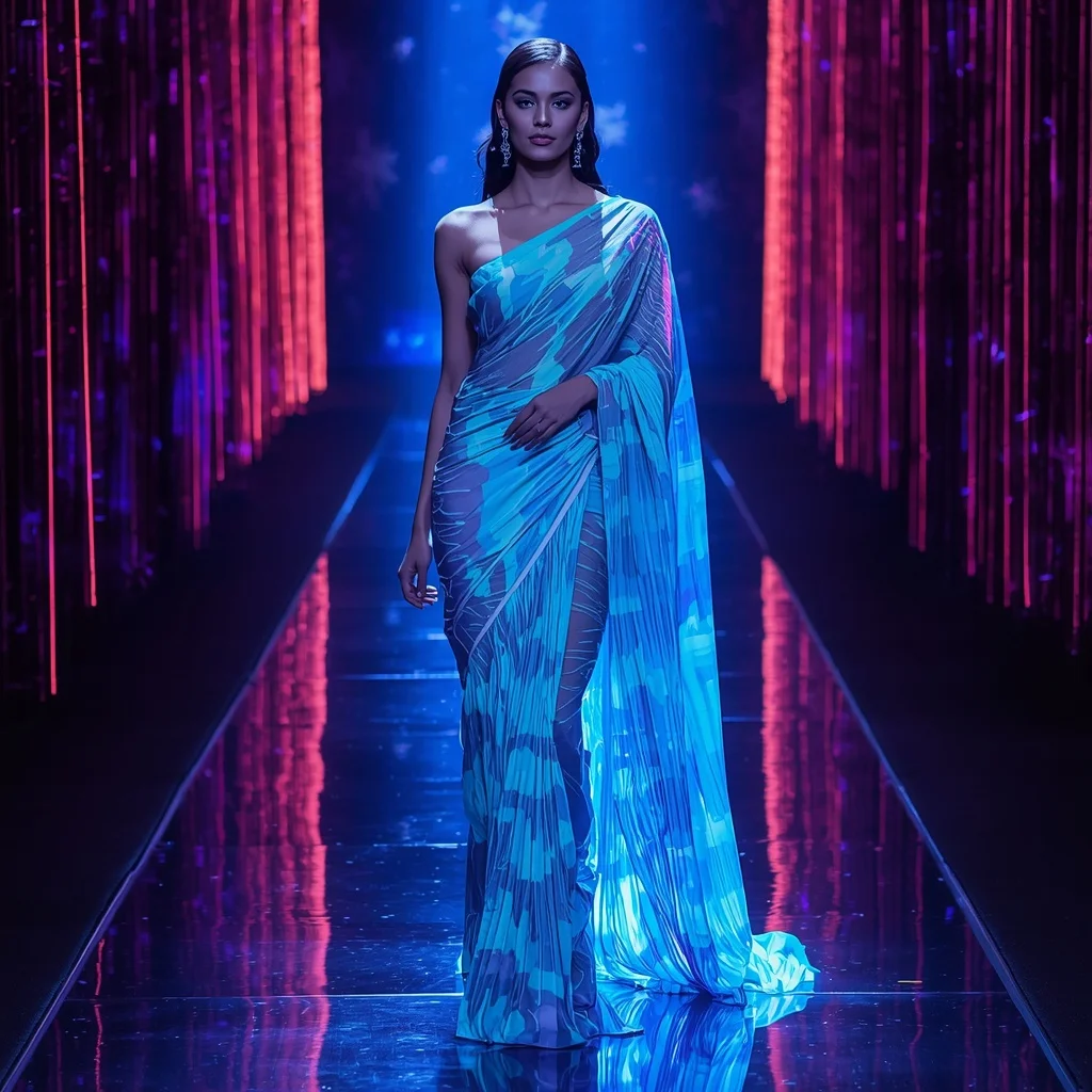 Neon Aqua Hyper Plasma Cascade Saree – Futuristic Glam Saree with Energy Cascade Runway Pose and Plasma Cascade Tunnel Background | Prompt Seen Girl Photo Editing ChatGPT