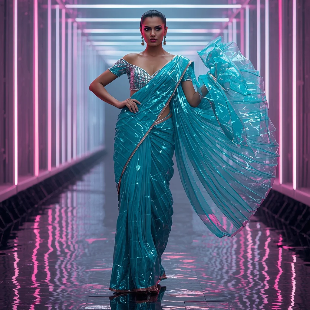 Neon Aqua Plasma Dominion Surge Saree – Futuristic Glam Saree with Power Grid Runway Pose and Plasma Dominion Tunnel Background | Desi Girl Ai Prompt