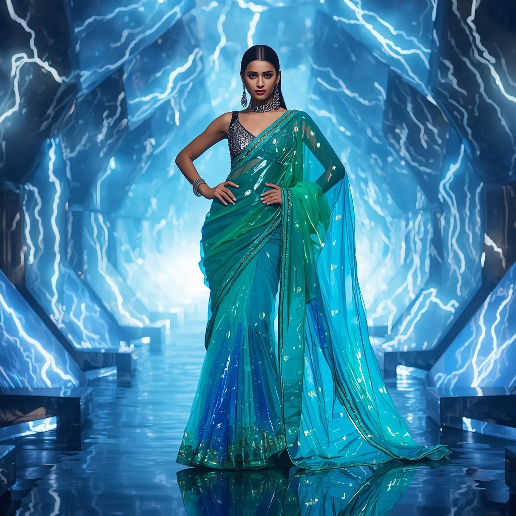 Neon Aqua Plasma Surge Saree – Futuristic Glam Saree with Power Surge Runway Pose and Plasma Surge Tunnel Background | Prompt For Traditional Look For Girl Copy Paste