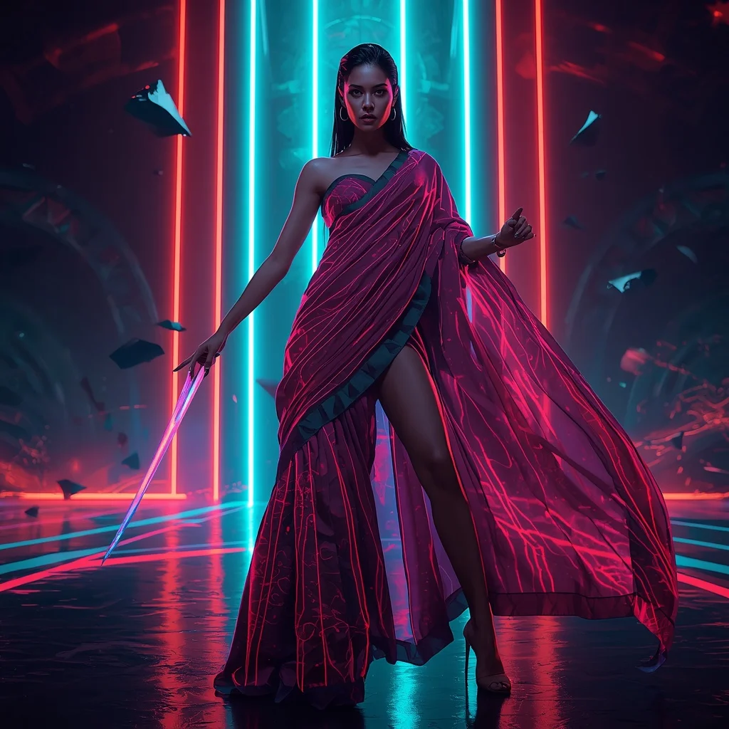 Neon Blade Silk Armor Saree with Cyber Rift Arena | Prompt Seen Girl Photo Editing