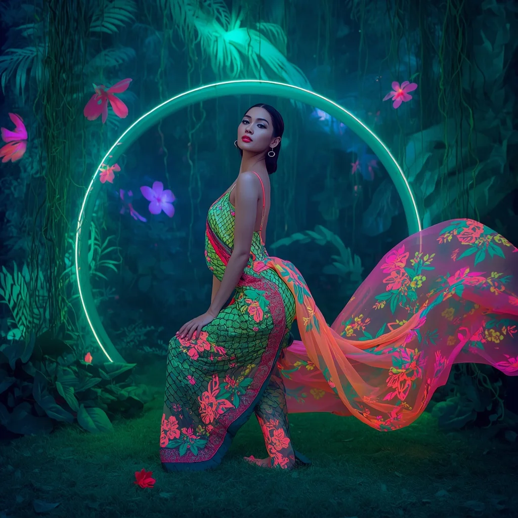Neon Bloom Serpent Saree with Bio-Luminescent Jungle | Ai Gemini Prompt