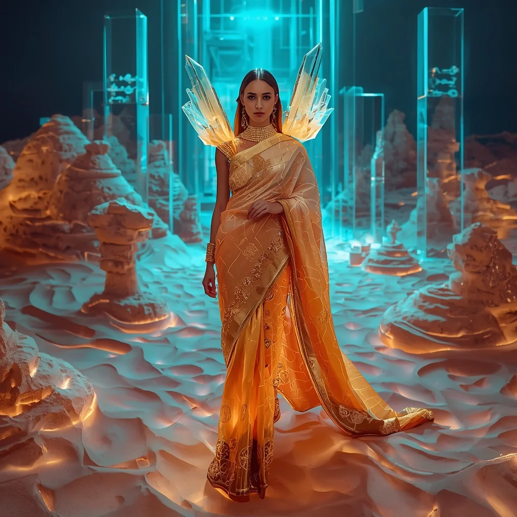 Neon Crystal Desert Mirage Saree with Floating Sand Geometry | Flux Ai Prompt