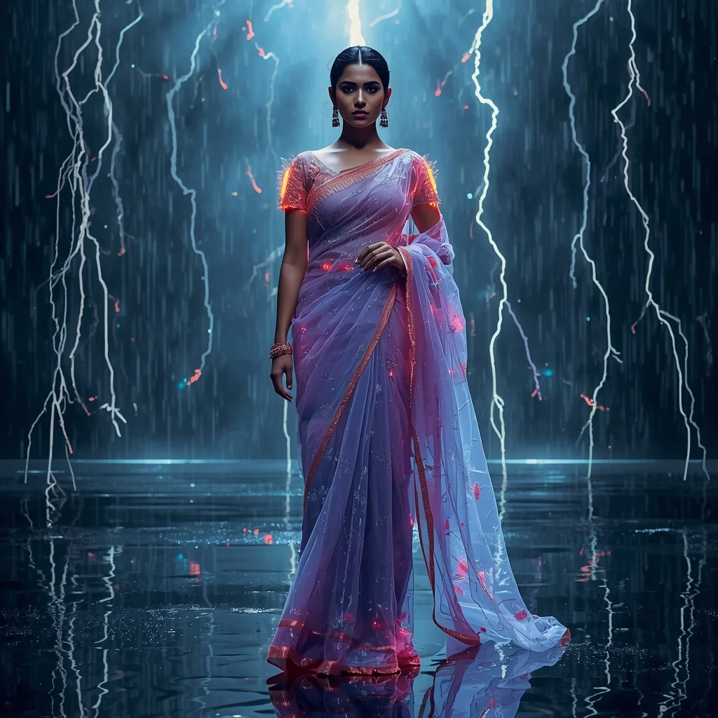 Neon Crystal Digital Quantum Superstorm Collapse Festival Saree With Lightning Energy Scene | Prompt Seen Trending Girl Instagram