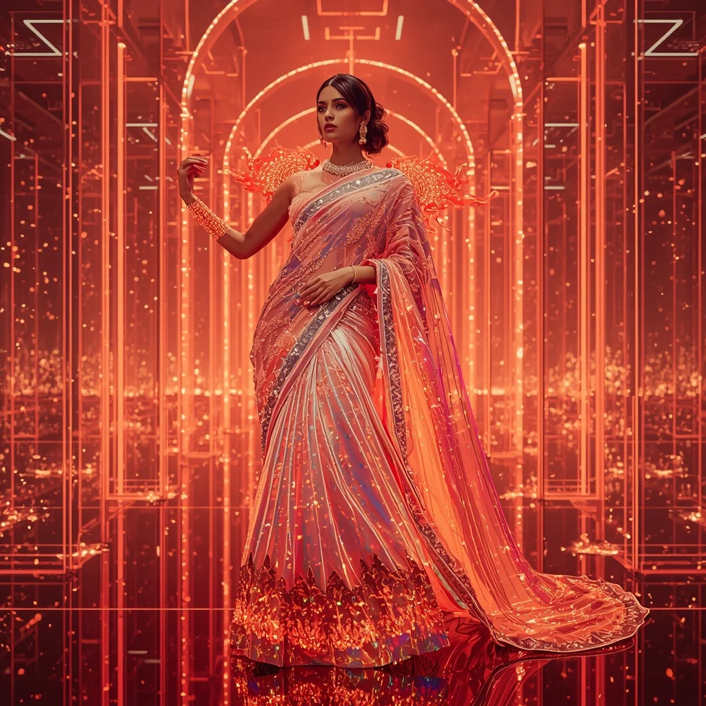 Neon Crystal Flame Saree – Ultra Futuristic Festival Saree with Flame Queen Pose and Crystal Flame Palace Background | Gemini Ai Prompt For Girl