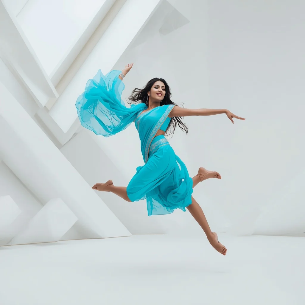 Neon Cyan Parachute Drape – Angular Mid-Air Leap with White Acoustic Pyramids | Midjourney Prompt List