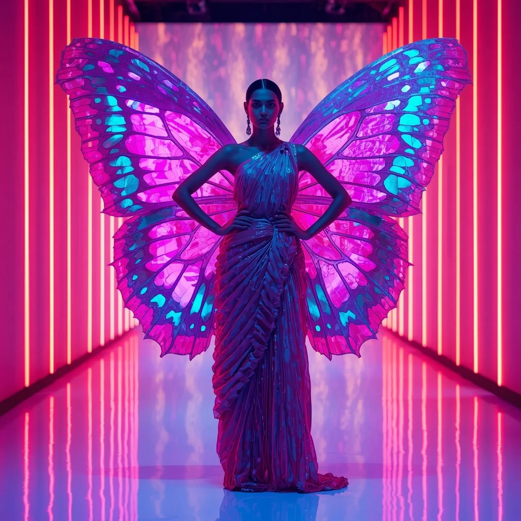 Neon Cyber-Lotus Butterfly Saree Couture with Power Runway Stance | Whatsapp Dp Ai Prompt