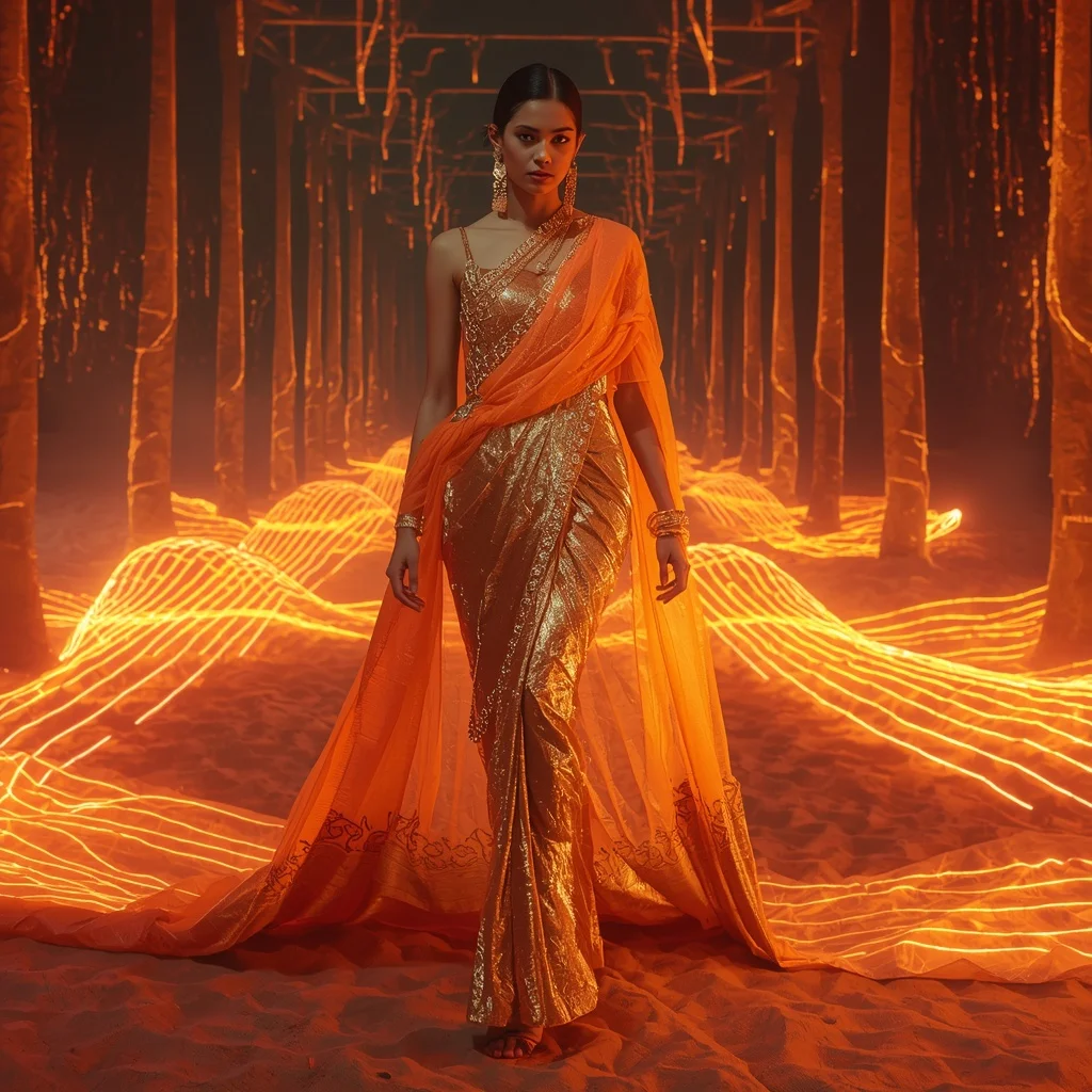 Neon Desert Mirage Saree with Heatwave Fabric Distortion | Best Prompt Ai For Girl