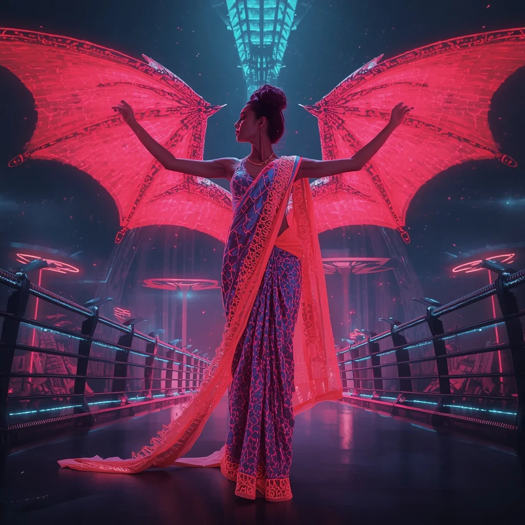 Neon Dragon Silk Saree with Cyber Sky Fortress | Ultra Realistic Ai Prompt