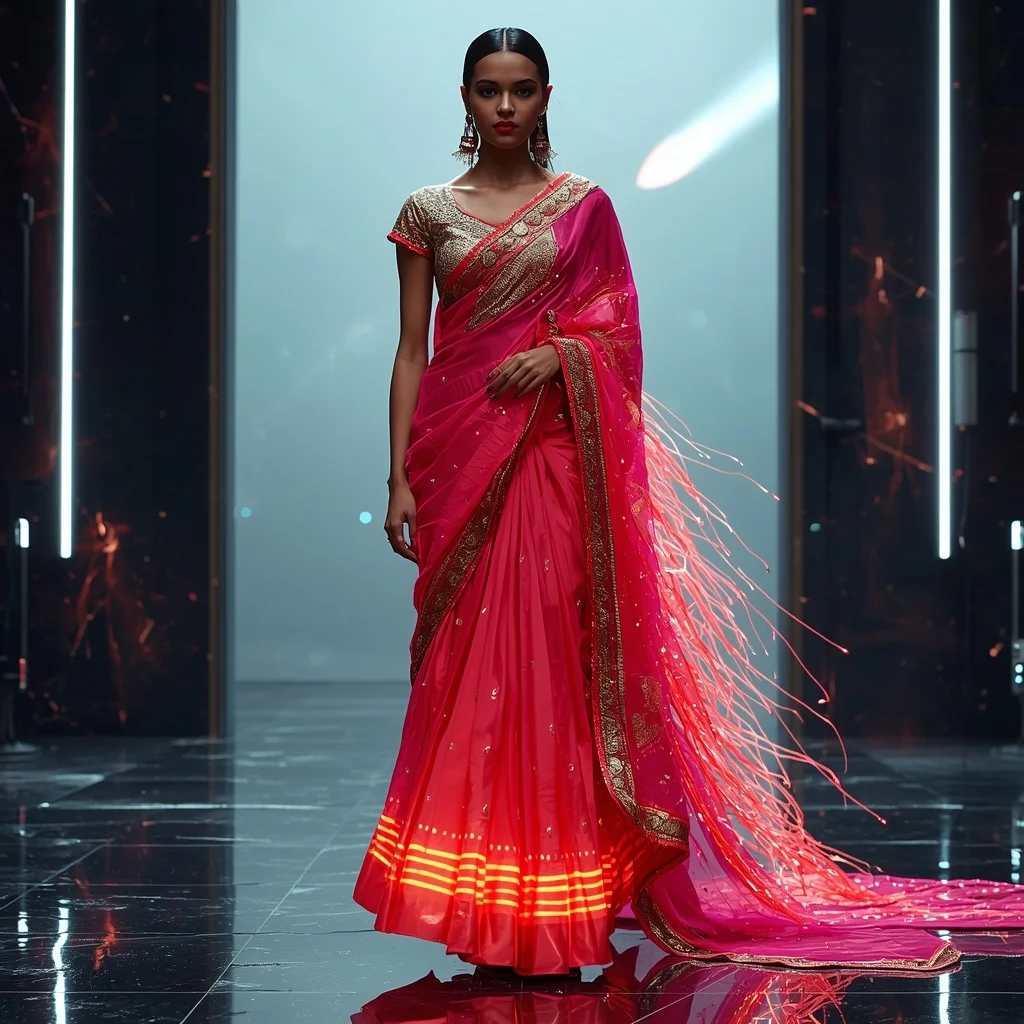 Neon Fire Meteor Rift Pulse Saree – Futuristic Festival Saree with Dynamic Walk Pose and Meteor Rift Pulse Chamber Background | Sora Ai Prompt