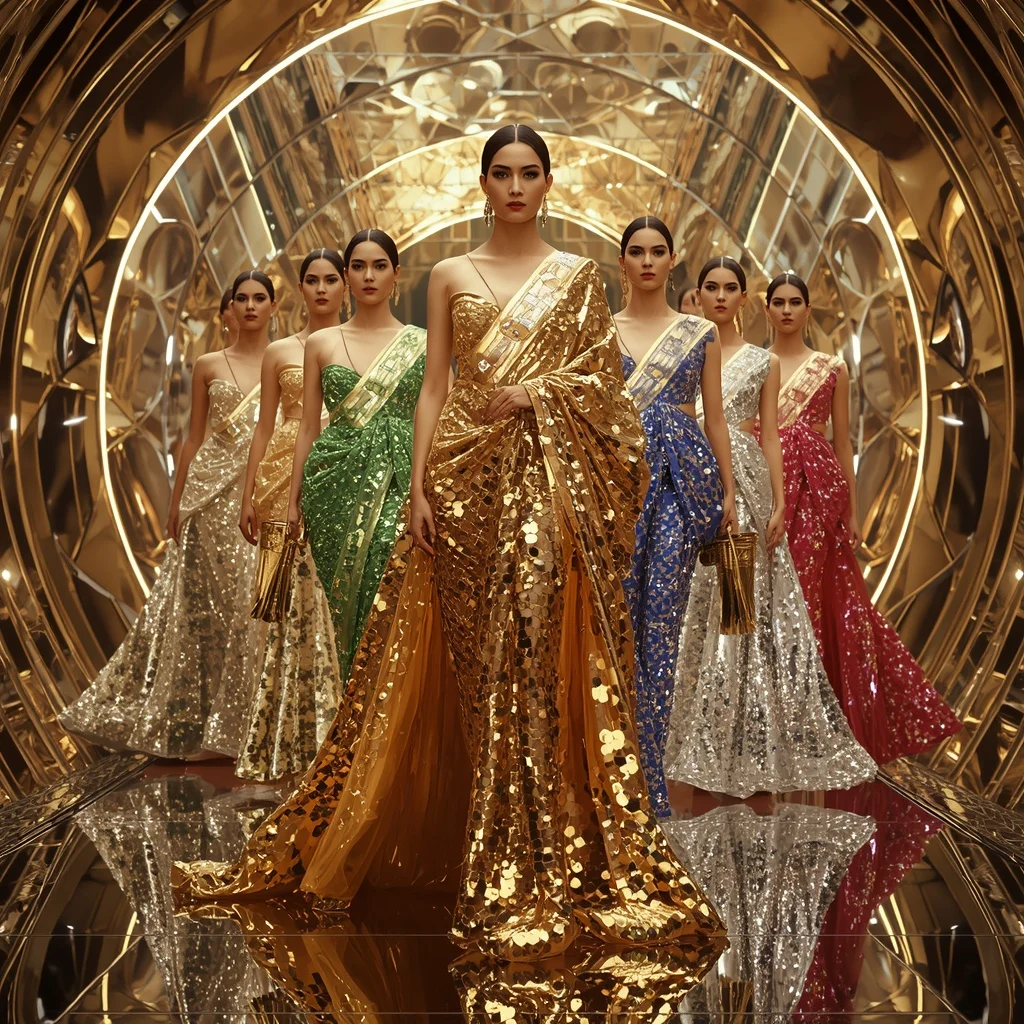 Neon Gold Hyperqueen Saree with Royal Runway Poses and Futuristic Prism Hypercosmos | Ai Photo Editing Prompt