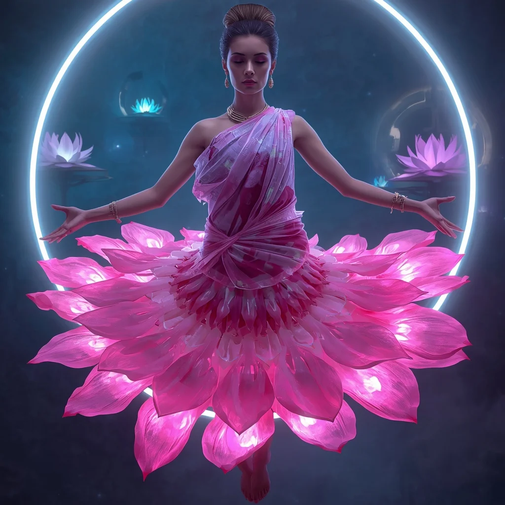 Neon Gravity Lotus Saree with Floating Temple Rings | Gemini Ai Prompt Copy Paste