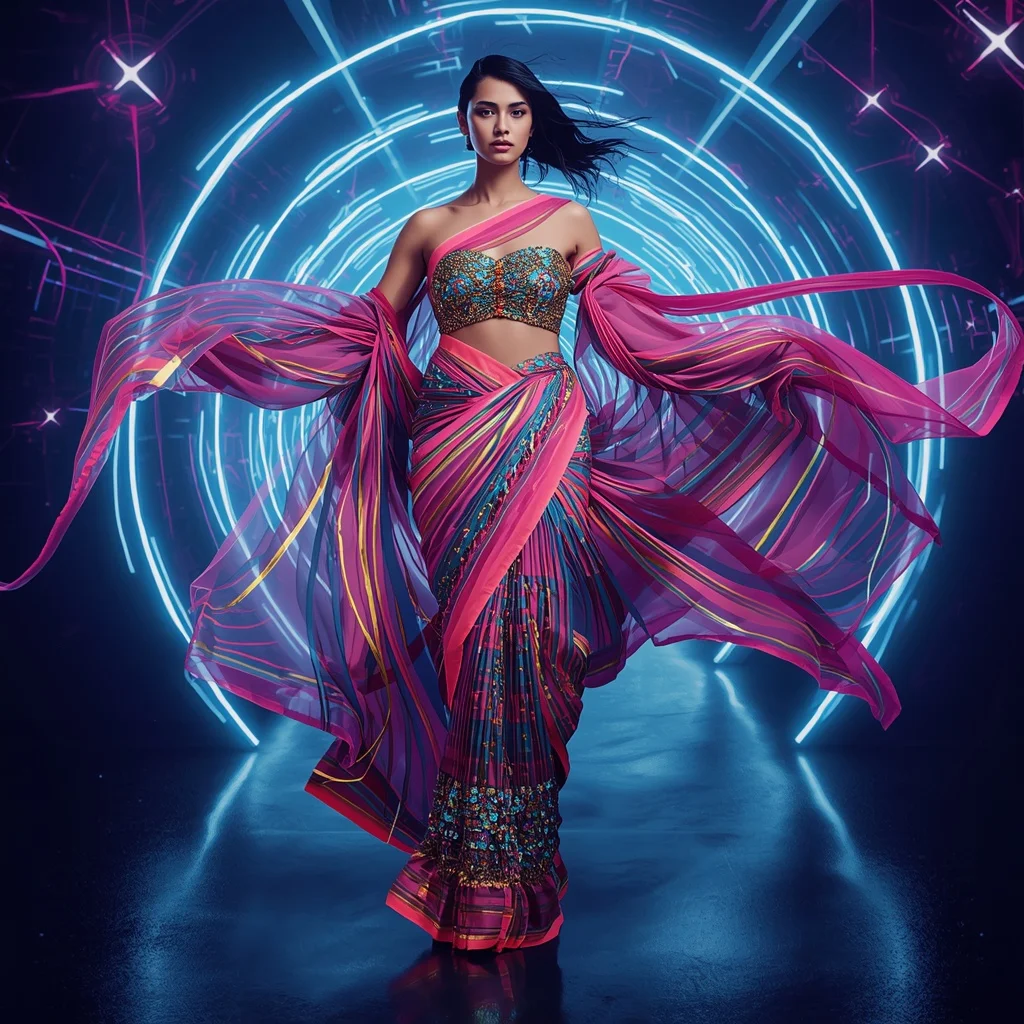 Neon Gravity Ribbon Saree with Floating Light Vector Tunnel | Instagram Highlight Cover Ai Prompt