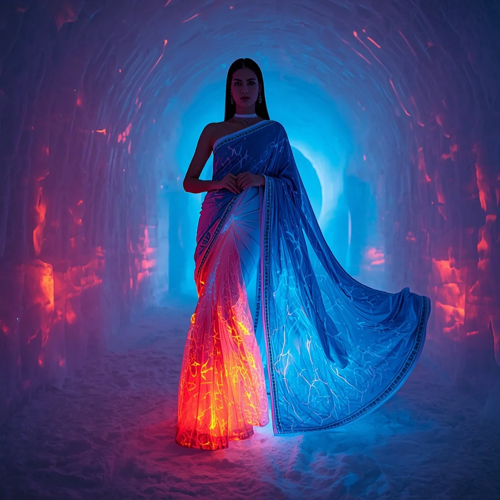 Neon Ice Silk Sovereign Saree with Frozen Fire Corridor | Prompt Seen Gemini Girl Instagram