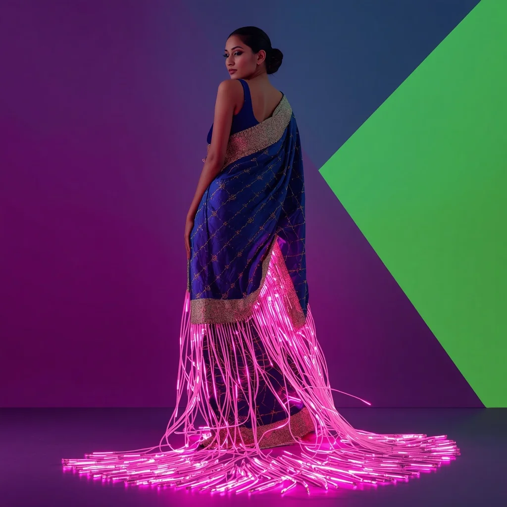 Neon Luminescence Cyber-Fusion Heavy Zardozi Saree Pose | Hd Image Prompt