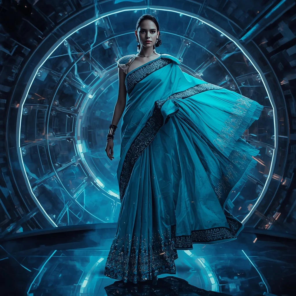 Neon Magnetic Fabric Saree with Floating Metal Threads | Photo Prompt