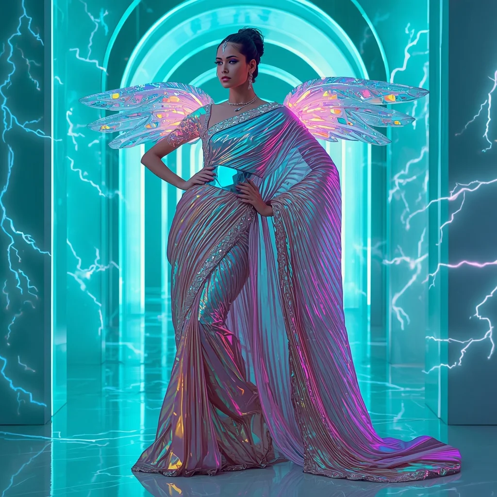 Neon Opal Storm Saree – Ultra Futuristic Festival Saree with Storm Queen Pose and Opal Storm Palace Background | Ai Selfie Prompt