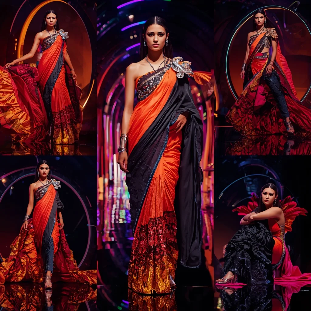 Neon Phoenix Mirage Saree with Floating Infinity Flame Rings | ChatGPT Ai Prompt