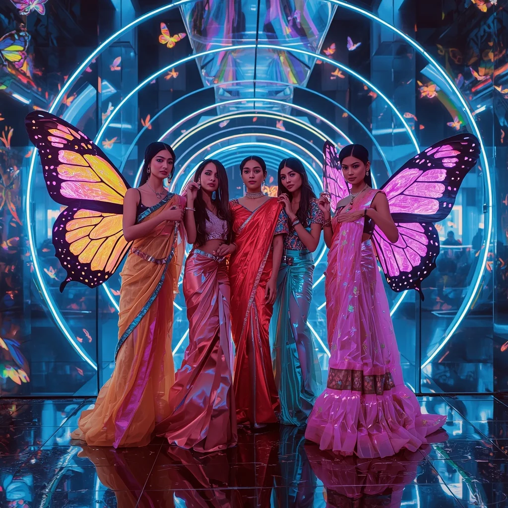 Neon Prism Butterfly Saree Squad with Futuristic Cyber Arena Background | Indian Girl Ai Prompt