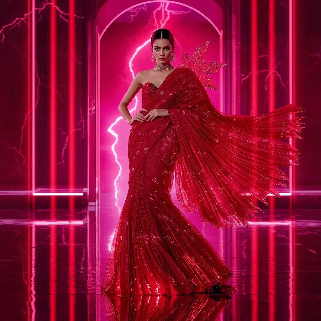 Neon Ruby Storm Saree – Ultra Futuristic Festival Saree with Ruby Queen Pose and Storm Ruby Palace Background | Leonardo Ai Image Prompt