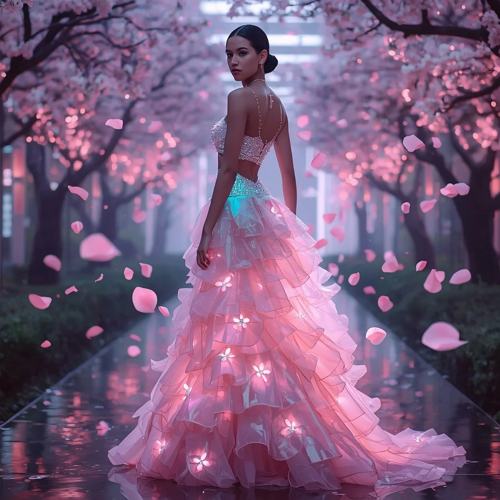 Neon Sakura Cyber Bloom Saree with Digital Petal Storm | Aesthetic Ai Prompt