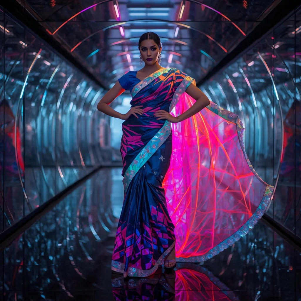 Neon Smoke Orbit Saree – Futuristic Celebrity Saree with Fashion Walk Pose and Orbit Reflection Tunnel Background | Prompt For Girls Trending