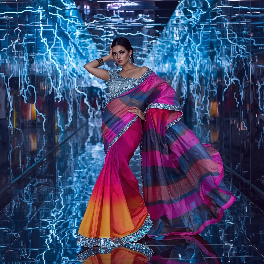 Neon Smoke Thunder Saree – Futuristic Celebrity Saree with Fashion Walk Pose and Thunder Reflection Tunnel Background | Ai Image Prompt