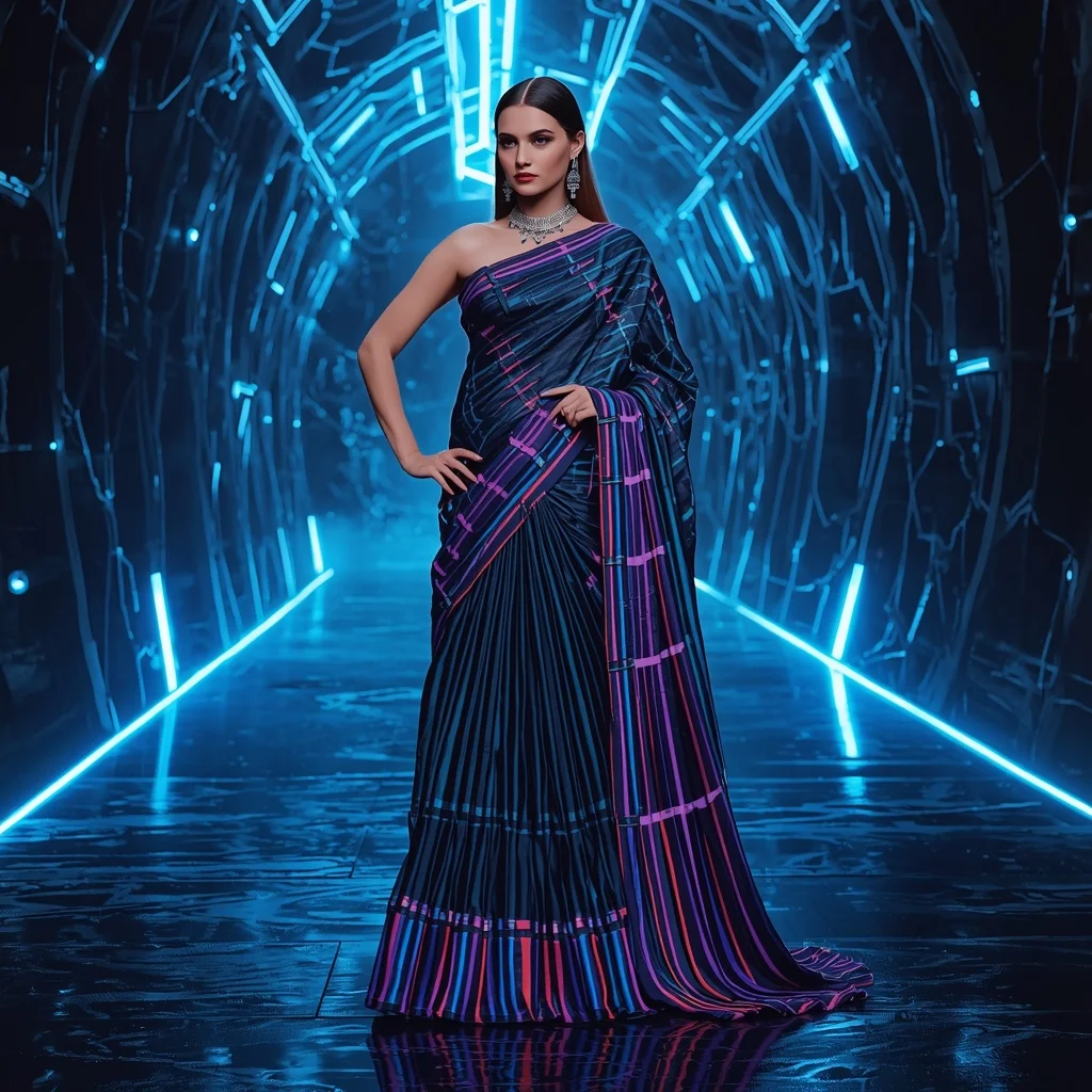Neon Spine Fabric Saree with Electric Rift Corridor | Girls Trending Prompt Gemini Instagram