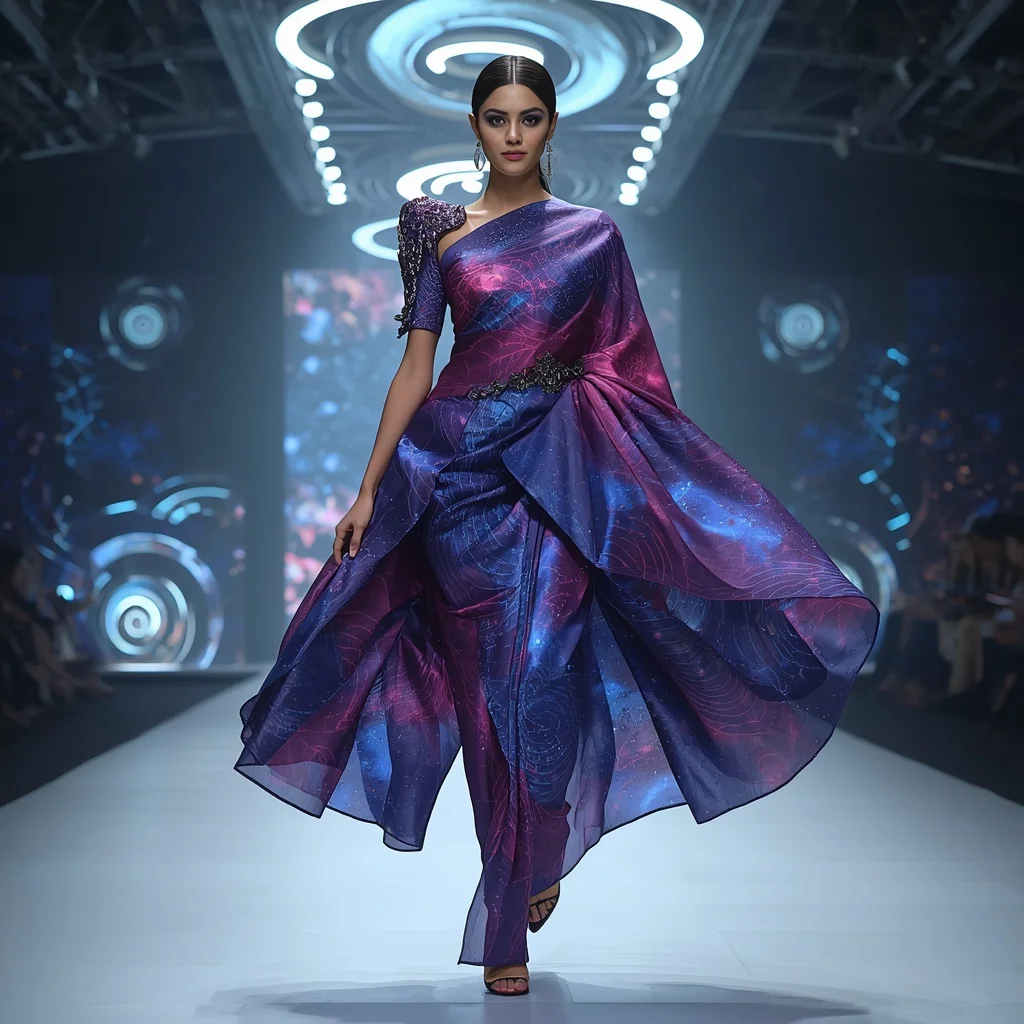 Neon Spiral Galaxy Saree with Rotating Space Architecture | Gemini Ai Prompt For Girl