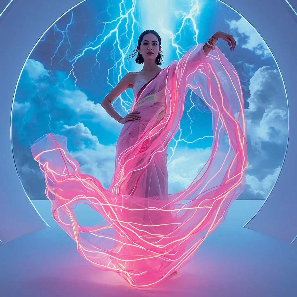 Neon Storm Ribbon Saree with Electric Sky Cyclone | Girls Trending Prompt Gemini Instagram