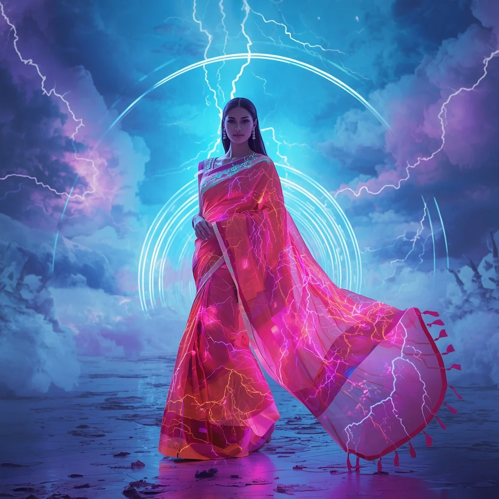 Neon Storm Silk Saree with Electric Sky Corridor | Ultra Realistic Ai Prompt