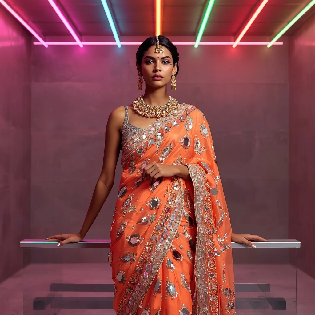 Neon Tangerine and Silver Mirror Work Saree for Bold Festive Looks