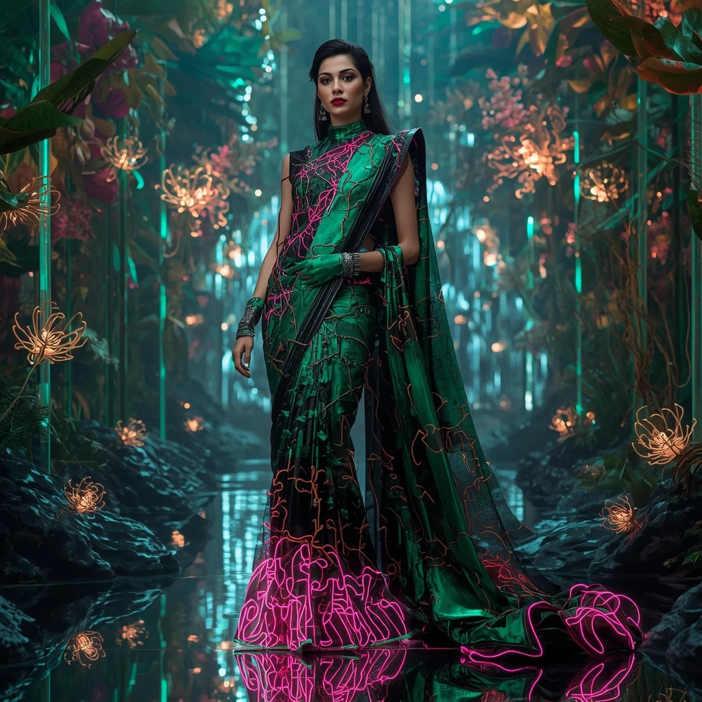 Neon Vine Circuit Saree with Floating Bio Matrix Garden | Festive Prompt