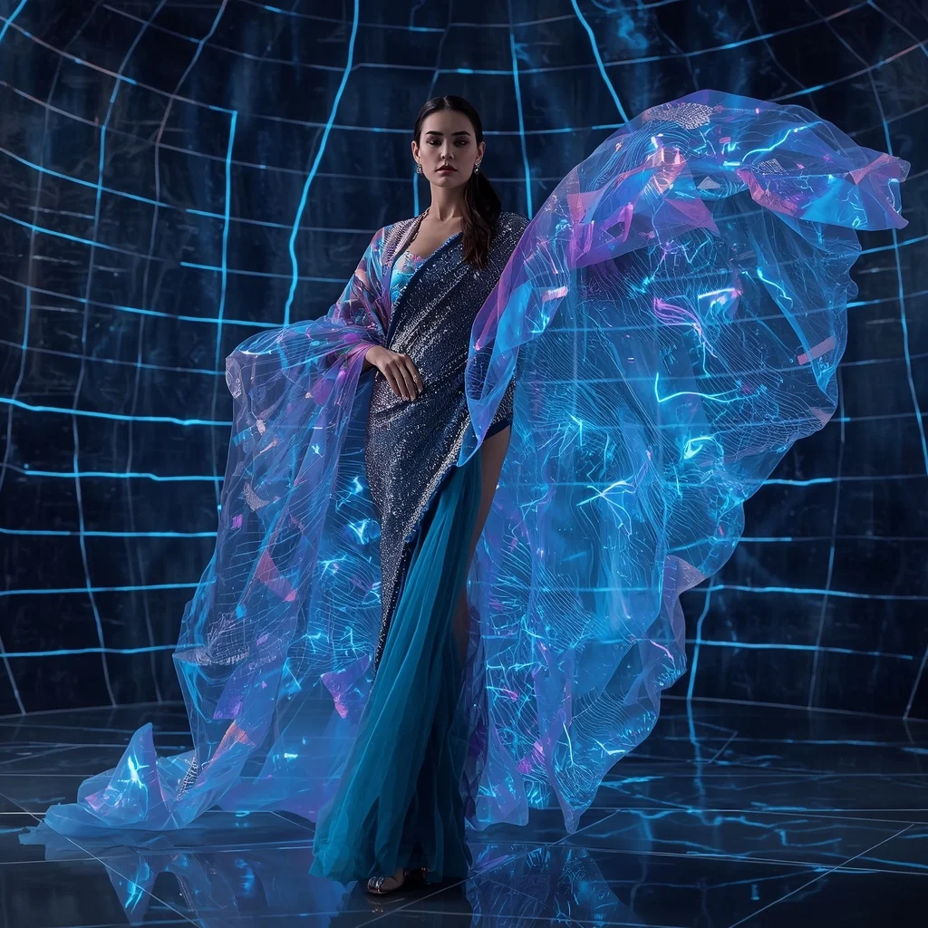 Neural Silk Storm Saree with Digital Weather Grid | Prompt Seen Girl Photo Editing Trending