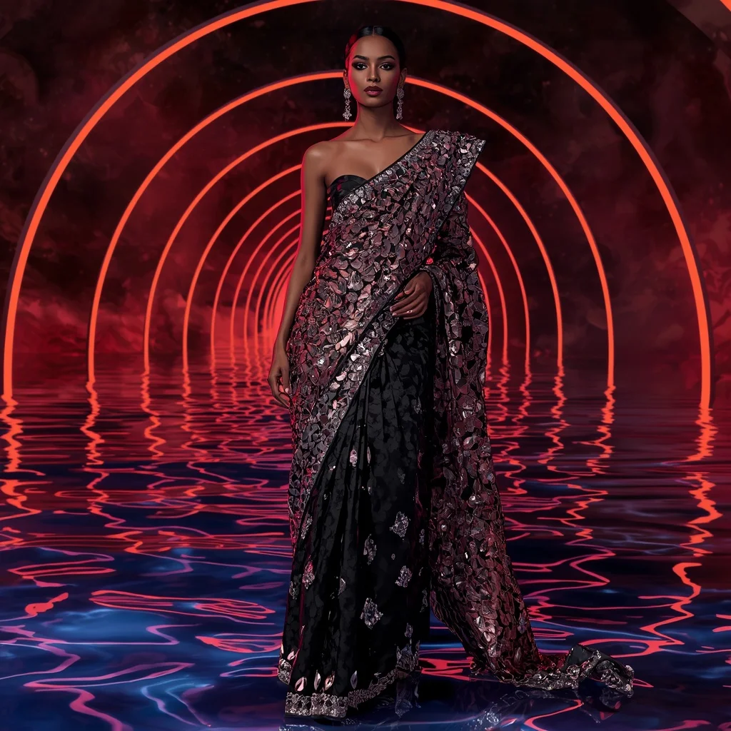 Obsidian Aurora Omnipotent Saree with Fifty Couture Poses and Infinity Neon Water Celestial Realm | Prompt Image