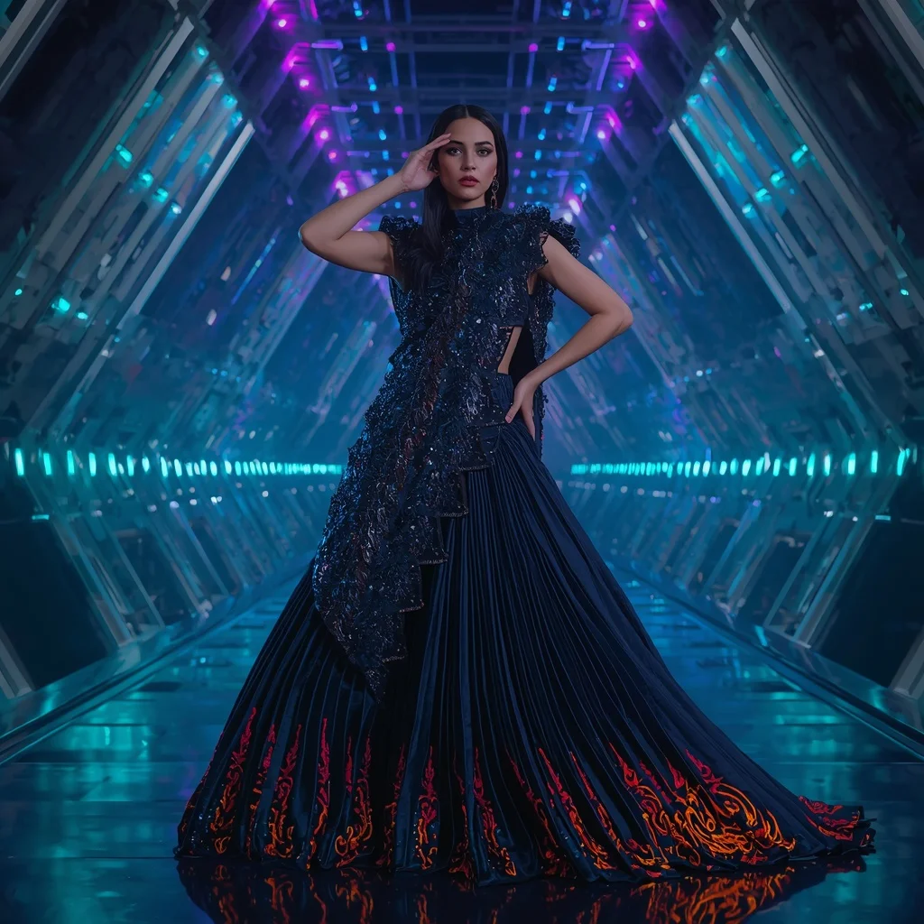 Obsidian Comet Singularity Armor Saree with Quantum Neon Hypervault Corridor Matrix Grid Collapse Nexus Core System | Character Design Ai Prompt