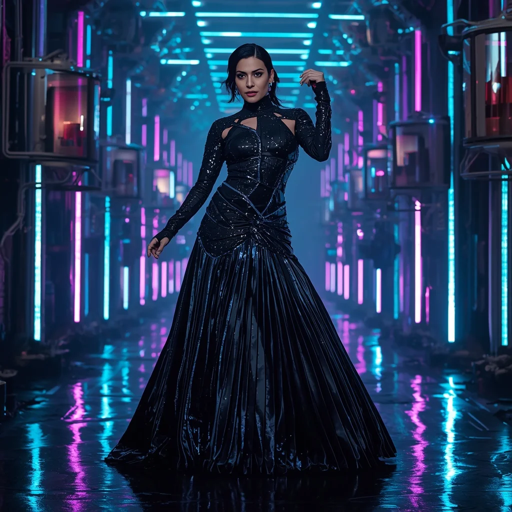 Obsidian Comet Singularity Infinity Armor Saree with Quantum Neon Hypervault Corridor Matrix Collapse Nexus System | Character Design Ai Prompt