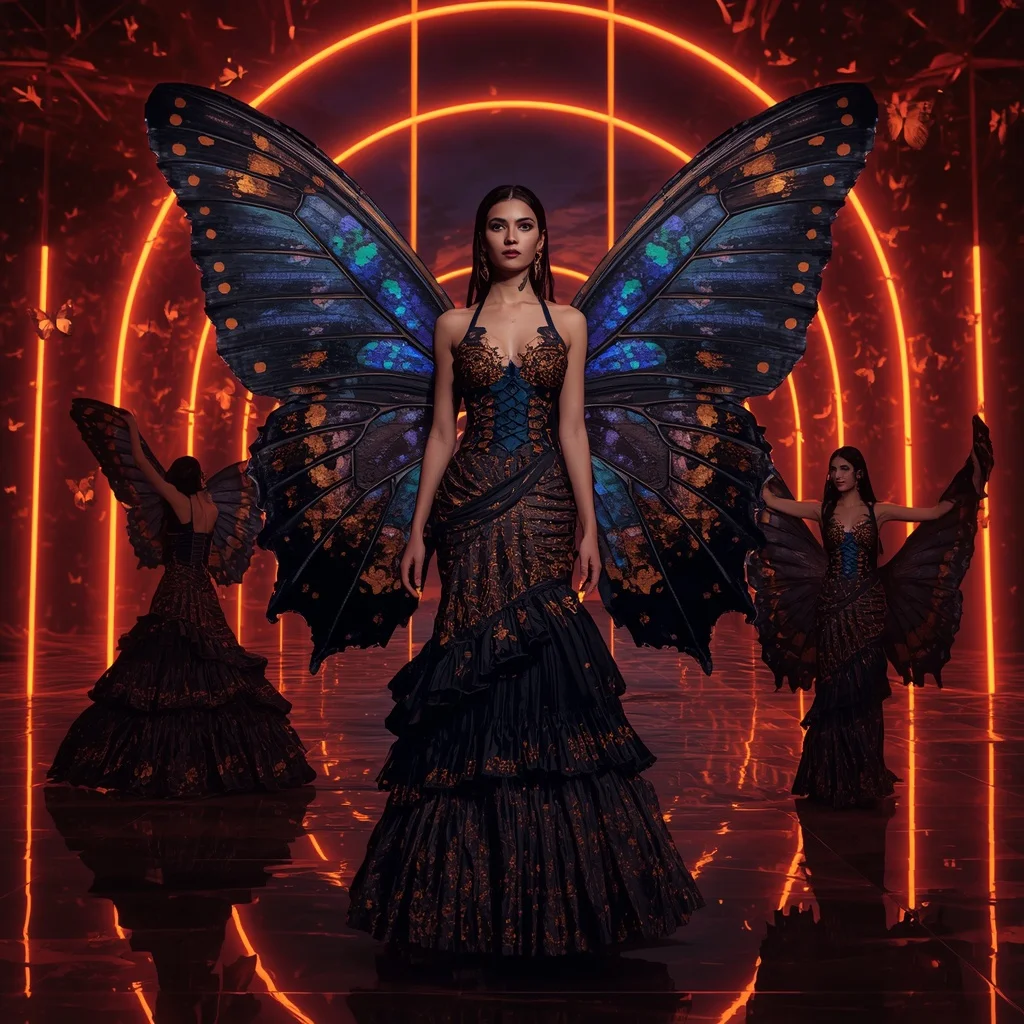 Obsidian Fire Butterfly Saree with Multi Pose Dark Neon Background | Easy Ai Prompt